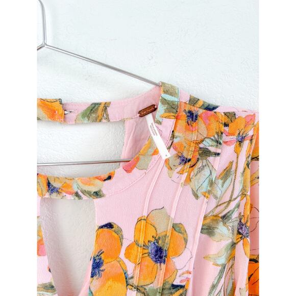 Free People Tegan Floral Cutout V-Neck Pleated Long Sleeve Mini Dress. - Picture 6 of 6